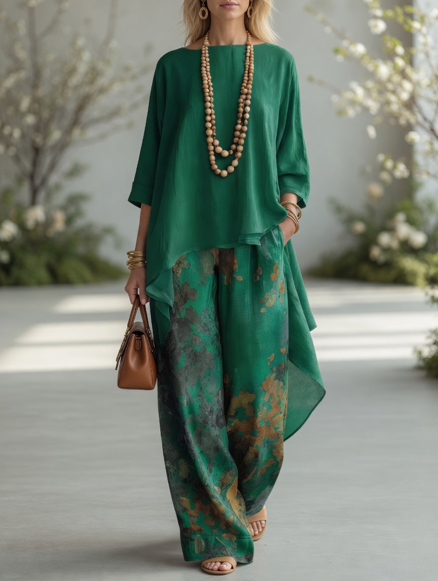 Green long tunic top and wide-leg printed pants set with flowy layered hems