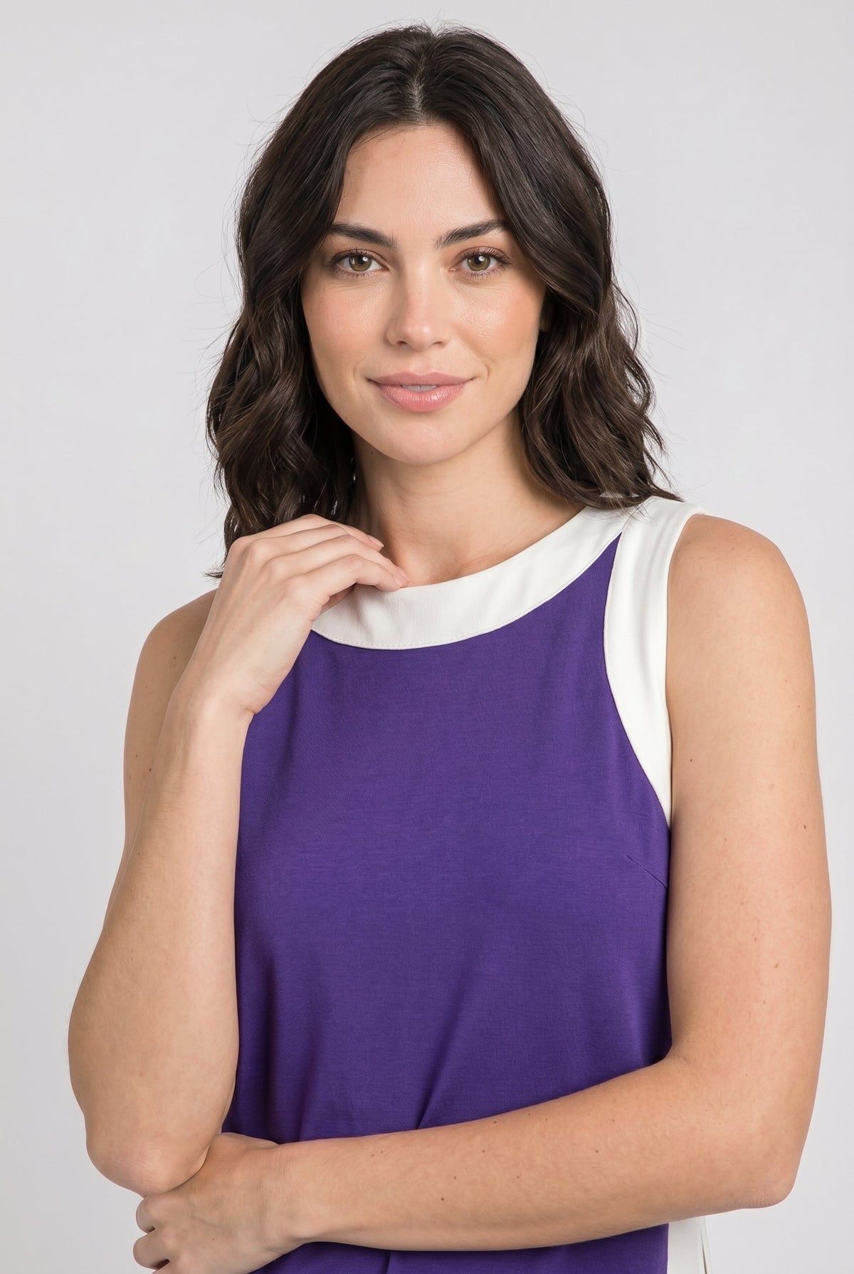 Sleeveless purple game day dress with white trim and scoop neckline close-up