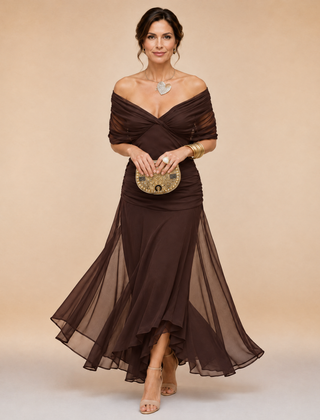Brown draped off-shoulder evening maxi dress with ruched bodice and sheer layered hem