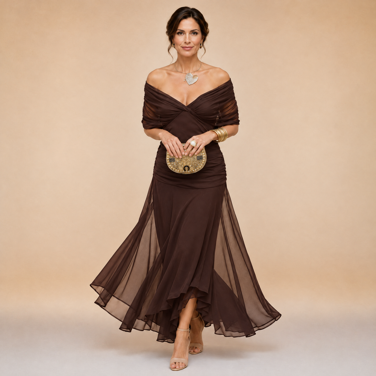 Brown draped off-shoulder evening maxi dress with ruched bodice and sheer layered hem