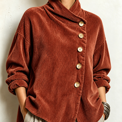 Terracotta corduroy button-up top with stand collar and gold-tone front buttons