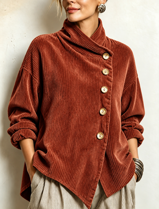Terracotta corduroy button-up top with stand collar and gold-tone front buttons