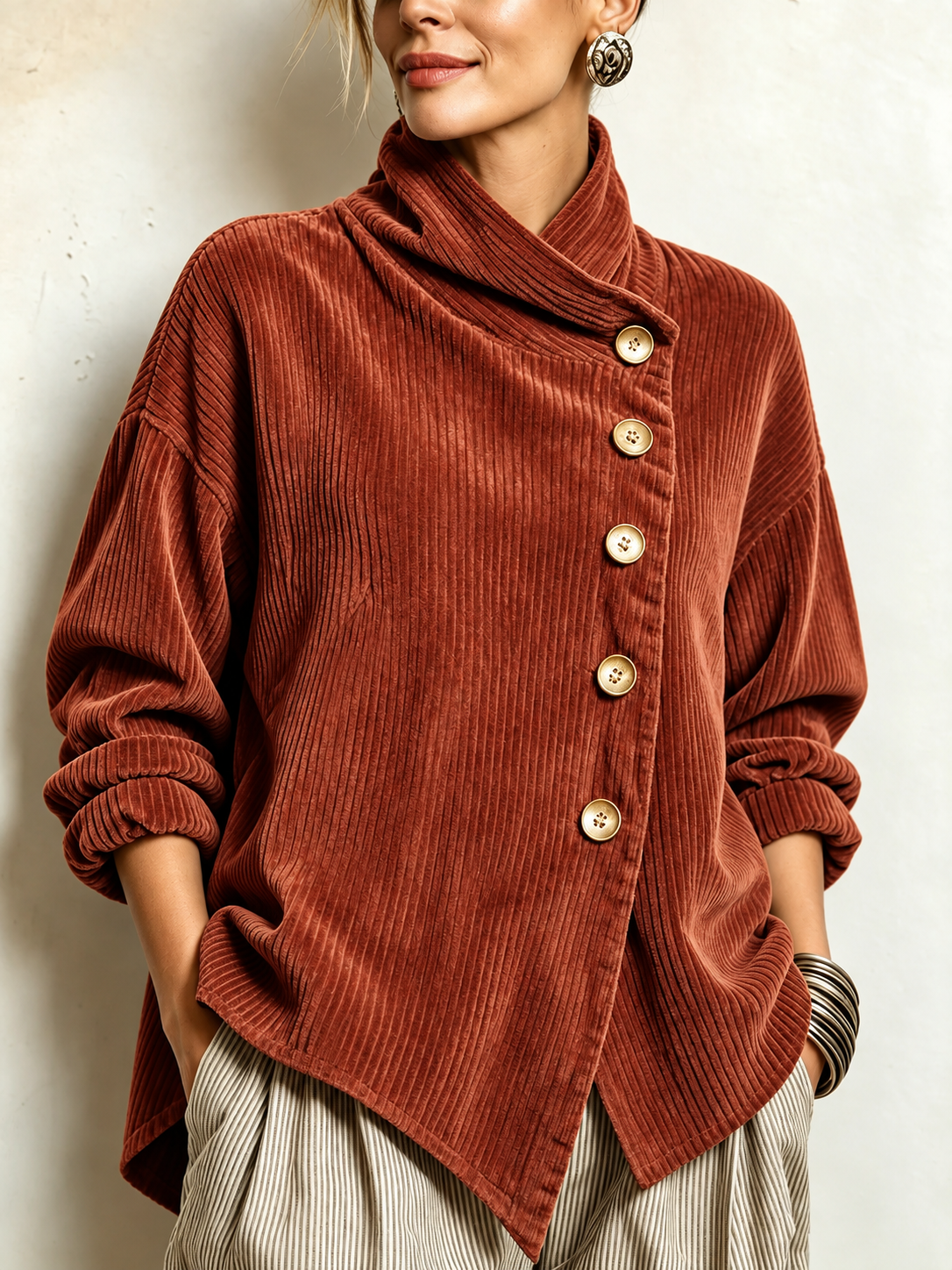 Terracotta corduroy button-up top with stand collar and gold-tone front buttons