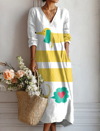 Bohemian midi dress with V-neck, 3/4 sleeves, white base with yellow stripes and floral prints
