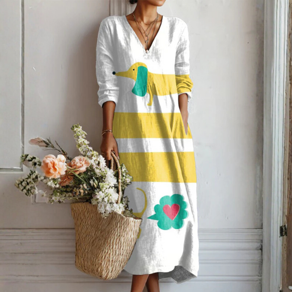 Bohemian midi dress with V-neck, 3/4 sleeves, white base with yellow stripes and floral prints
