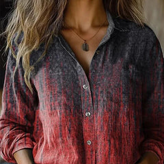 Burgundy and black abstract-dye button-up blouse with long sleeves