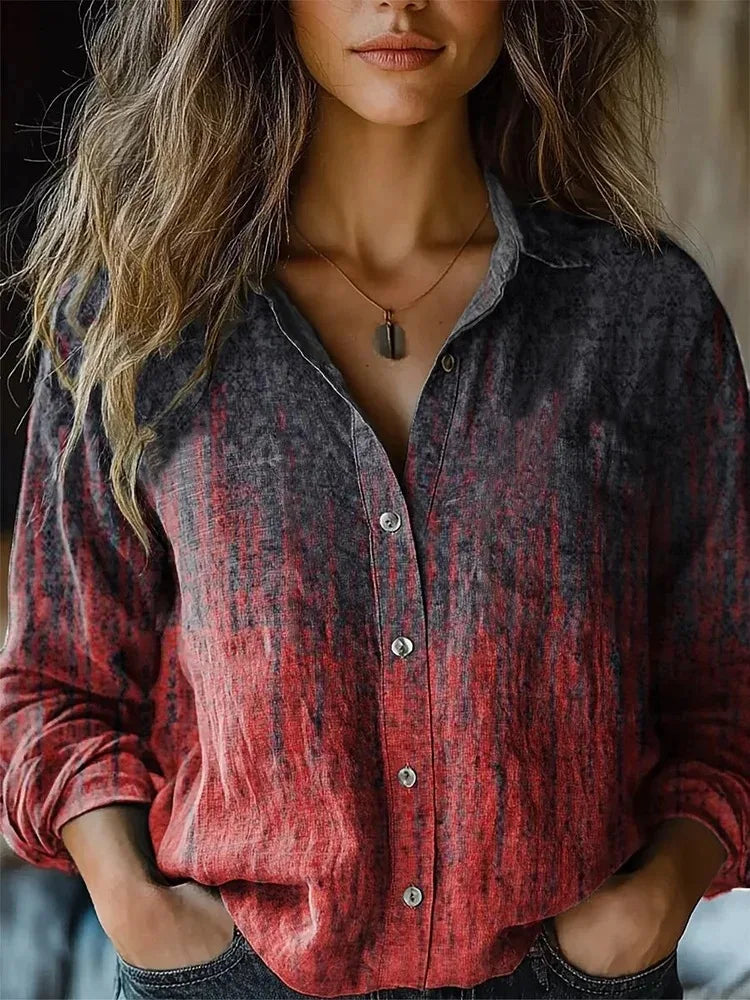Burgundy and black abstract-dye button-up blouse with long sleeves