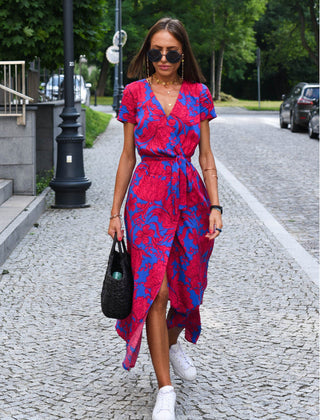 Blue and red floral wrap dress with short sleeves, V-neck, and waist tie