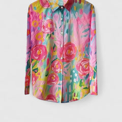 Pink and green floral print blouse with button-front and long sleeves
