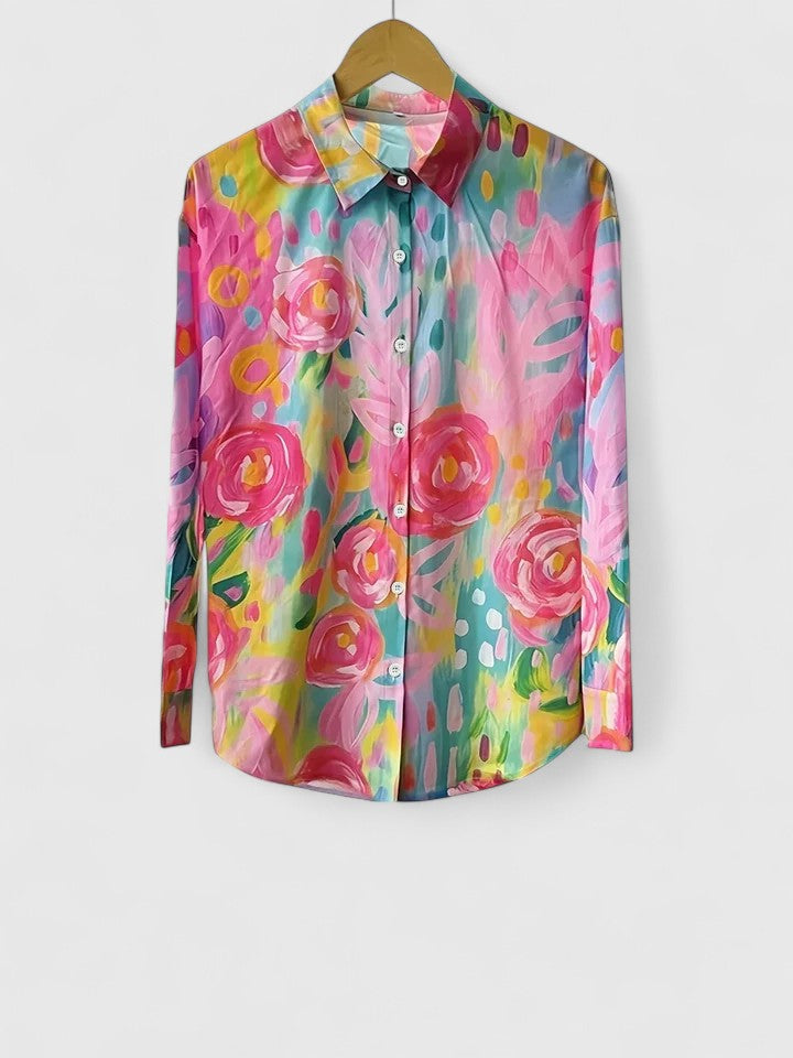 Pink and green floral print blouse with button-front and long sleeves