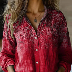 Deep red bandana pattern button-up blouse with long sleeves and collar