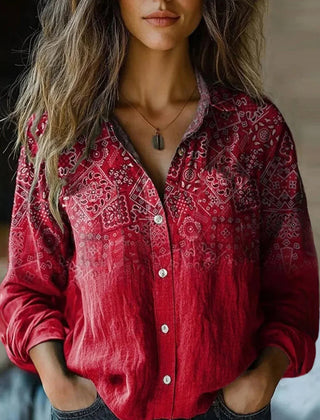 Deep red bandana pattern button-up blouse with long sleeves and collar