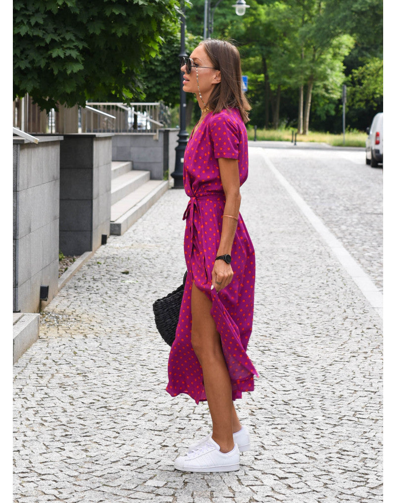 Magenta dot print wrap dress with short sleeves and V-neck, belted waist