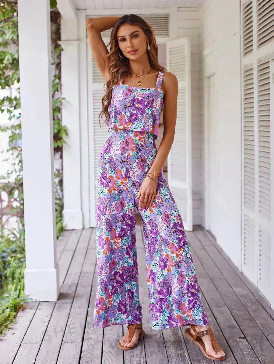 Purple floral wide-leg jumpsuit, sleeveless square neckline, ruched bodice, ankle length
