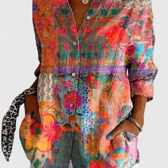 Multicolor floral patchwork-style blouse with button-front and long sleeves