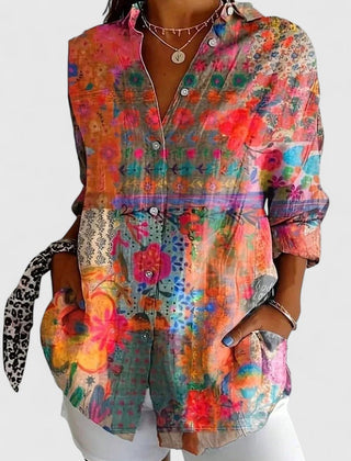 Multicolor floral patchwork-style blouse with button-front and long sleeves