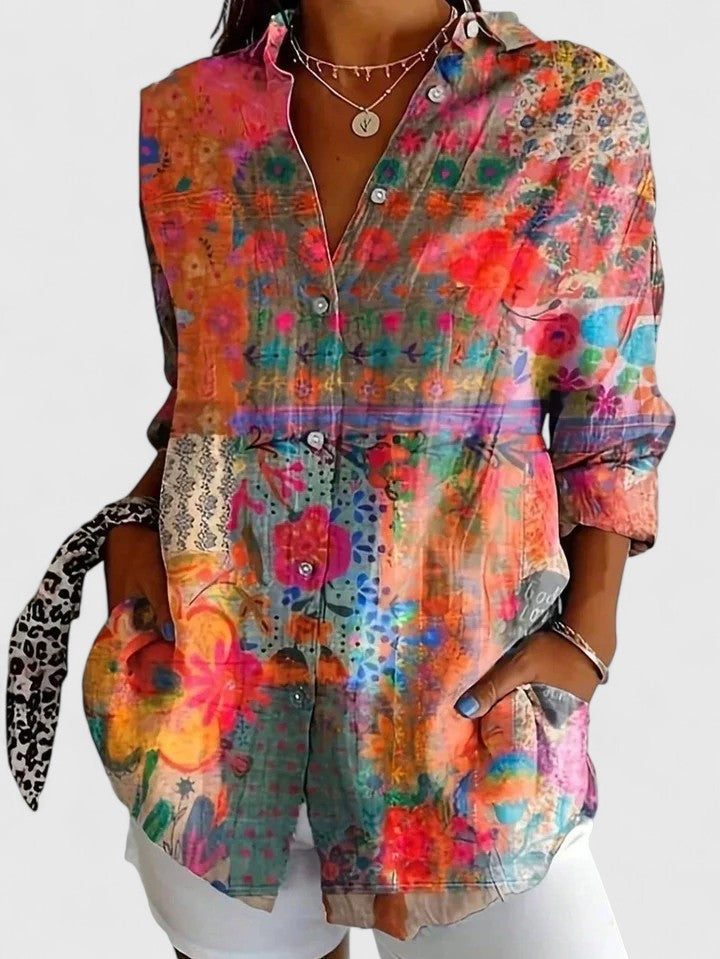 Multicolor floral patchwork-style blouse with button-front and long sleeves