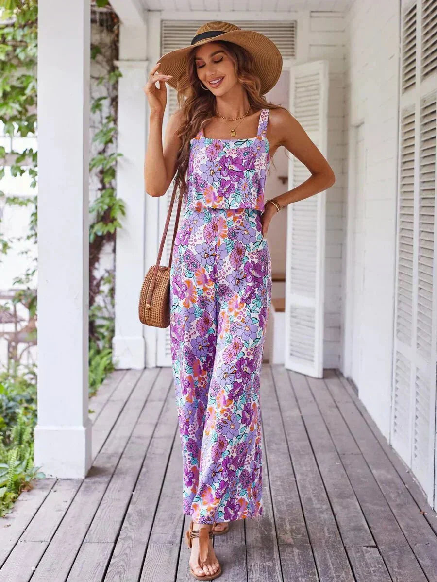 Floral wide-leg jumpsuit, sleeveless square neckline, purple-pink print, ruched bodice