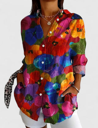 Bright multicolor abstract print blouse with button-front and long sleeves