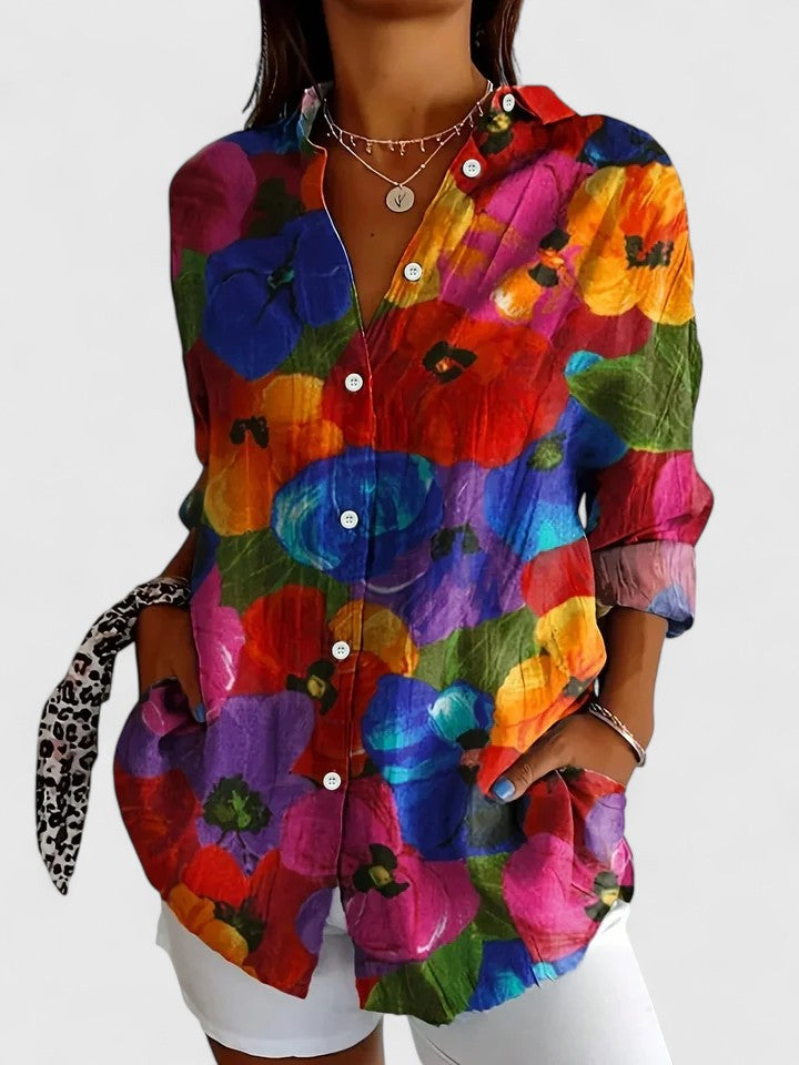 Bright multicolor abstract print blouse with button-front and long sleeves