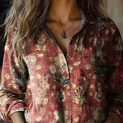 Red floral button-up blouse with long sleeves and single-breasted front buttons