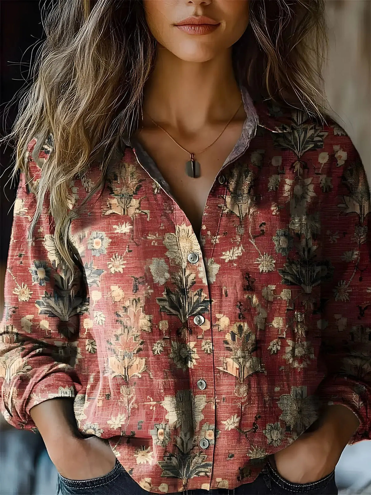 Red floral button-up blouse with long sleeves and single-breasted front buttons
