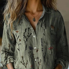 Olive green botanical button-up blouse with long sleeves and front buttons