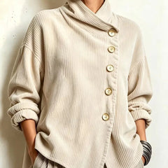 Cream corduroy button-up top with mock neck, gold-tone front buttons, long sleeves.