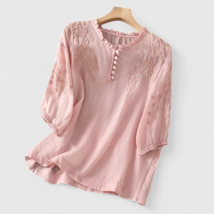 Pink button-front blouse with ruffled neckline, textured fabric, 3/4 puff sleeves