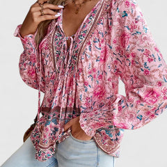 Pink floral peasant blouse with embroidered trim and gathered V-neck