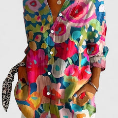 Vibrant multicolor rose print blouse with button-front and long sleeves