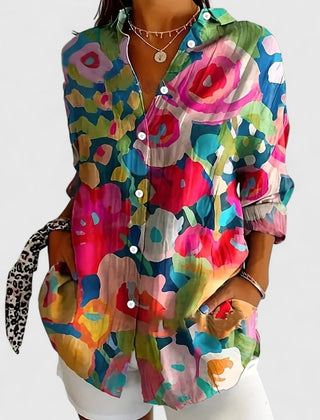 Vibrant multicolor rose print blouse with button-front and long sleeves