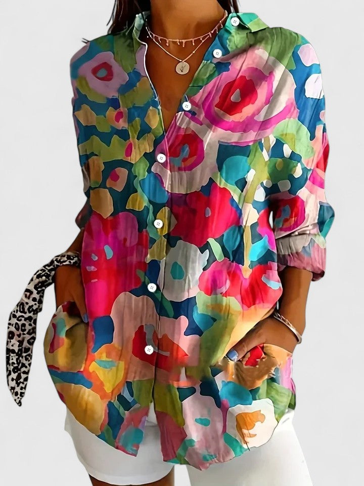 Vibrant multicolor rose print blouse with button-front and long sleeves