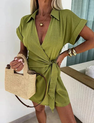 Green wrap playsuit with tie waist, short sleeves and V-neck front
