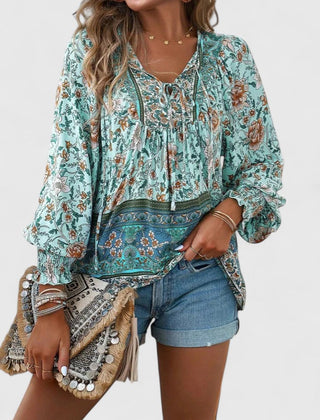 Teal floral peasant blouse with gathered neckline, dark embroidered border