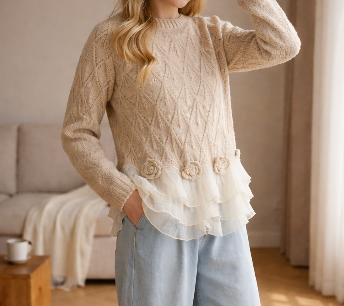 Cream cable-knit ruffle cardigan with scalloped trim and long sleeves.