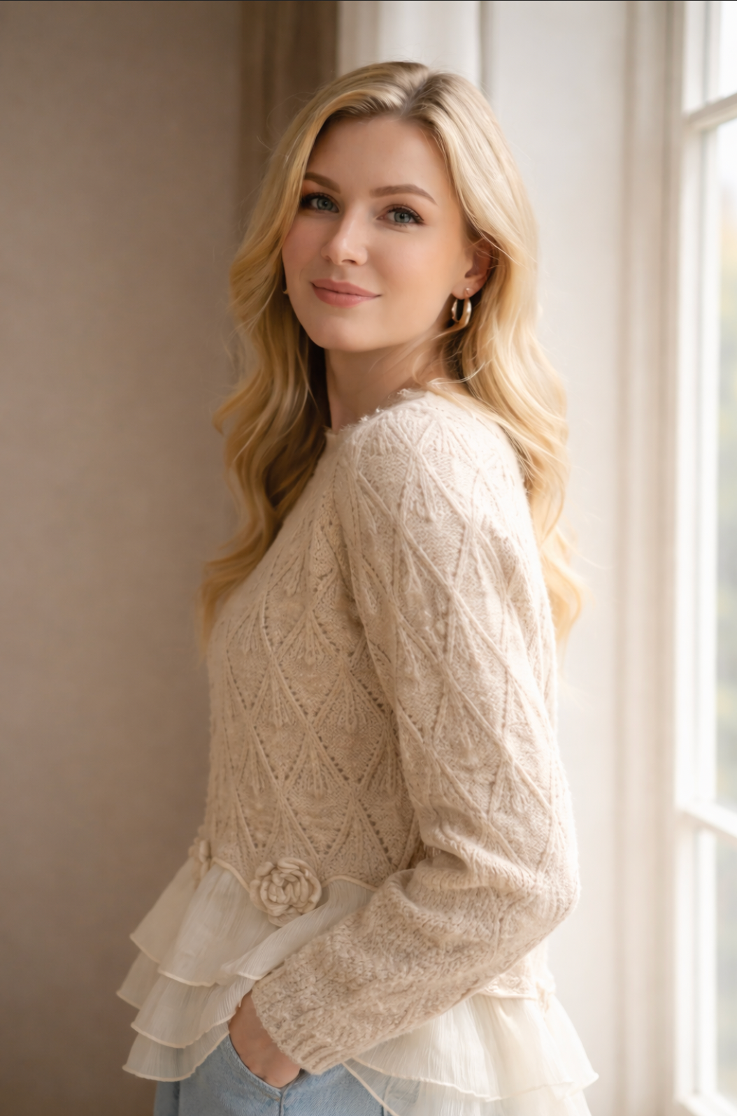 Cream knit ruffle cardigan with diamond pattern and long sleeves.