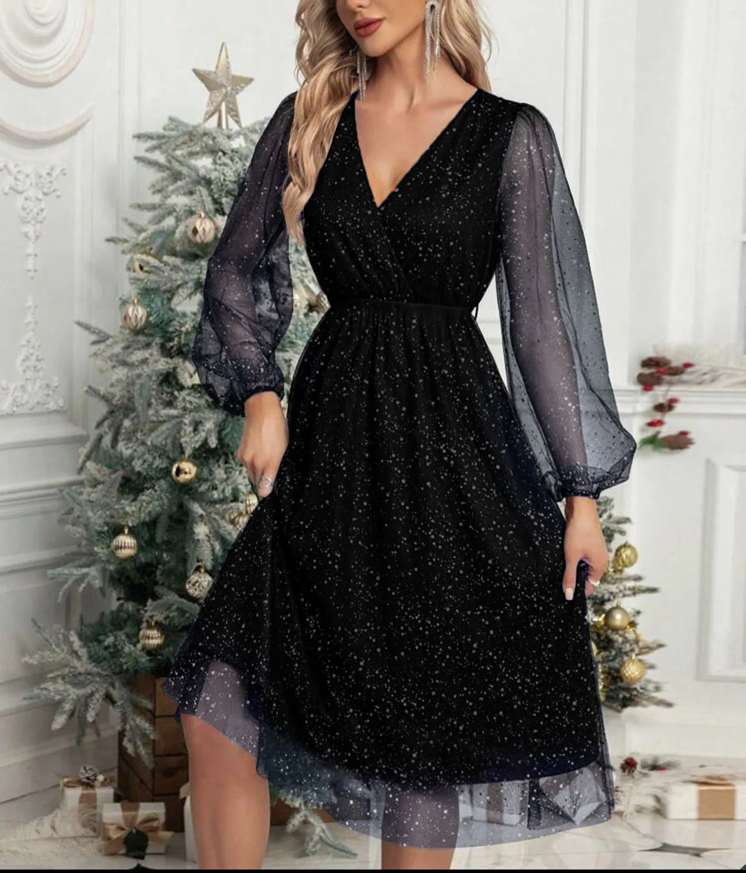Mae Harper™ | Sparkling Mesh-Sleeve V-Neck Evening Dress