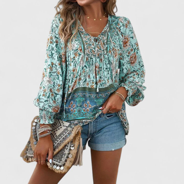 Teal floral peasant blouse with gathered neckline and long puff sleeves