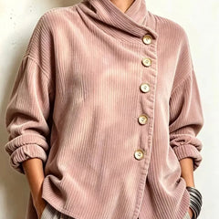 Dusty rose corduroy button-up top with mock neck and front button placket.