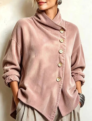 Dusty rose corduroy button-up top with mock neck and front button placket.