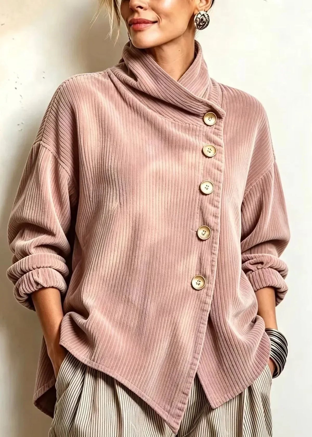Dusty rose corduroy button-up top with mock neck and front button placket.