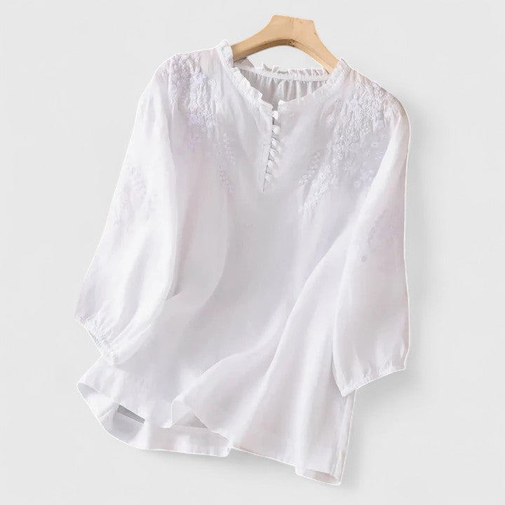 White button-front blouse with ruffled neckline, embroidered texture, short puff sleeves