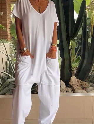 White V-neck short-sleeve jumpsuit with patch pockets and relaxed tapered legs