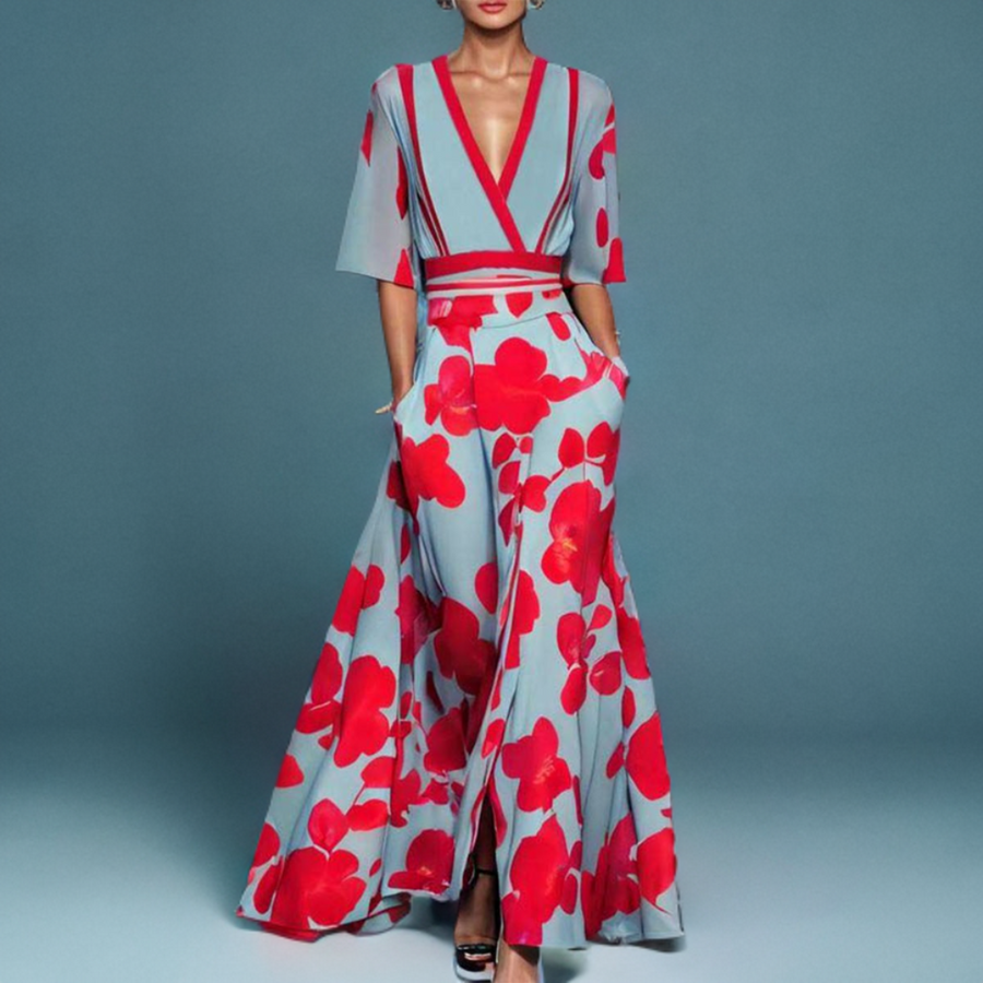 AYANA V-neck maxi dress with short sleeves, red floral print, fitted waist and trim