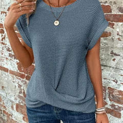 Women's blue sweetheart round-neck short-sleeve knit T-shirt with draped front knot