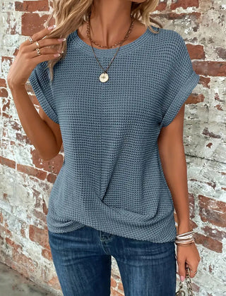 Women's blue sweetheart round-neck short-sleeve knit T-shirt with draped front knot