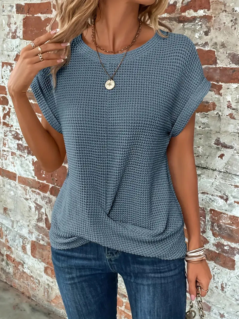 Women's blue sweetheart round-neck short-sleeve knit T-shirt with draped front knot
