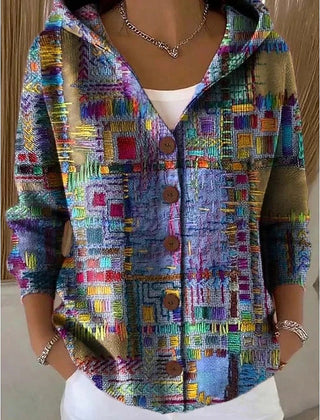 Multicolor geometric hooded cardigan with button front and three-quarter sleeves