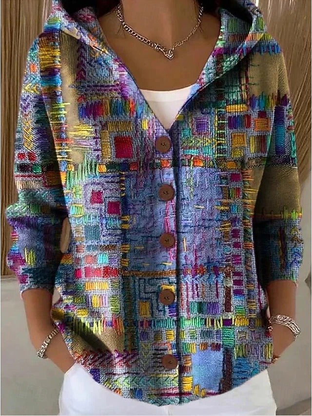 Multicolor geometric hooded cardigan with button front and three-quarter sleeves